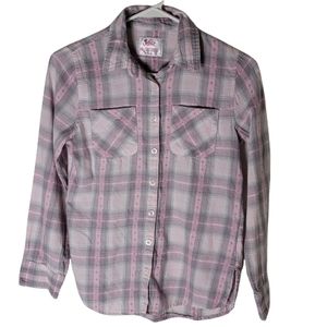 Justice girls size 10 pink gray plaid flannel button down shirt